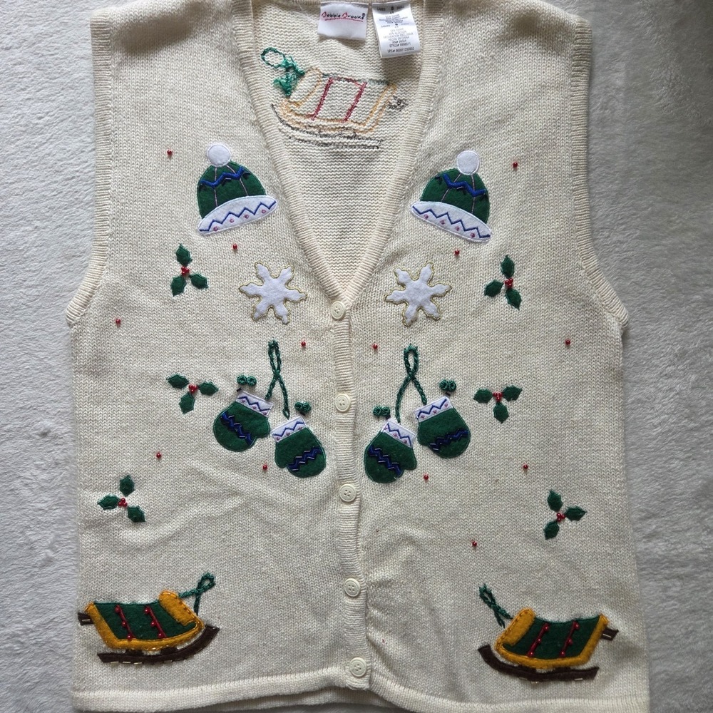 Vintage Bobbie Brooks Ugly Christmas Sweater Vest Womens XL Beaded Embroidered